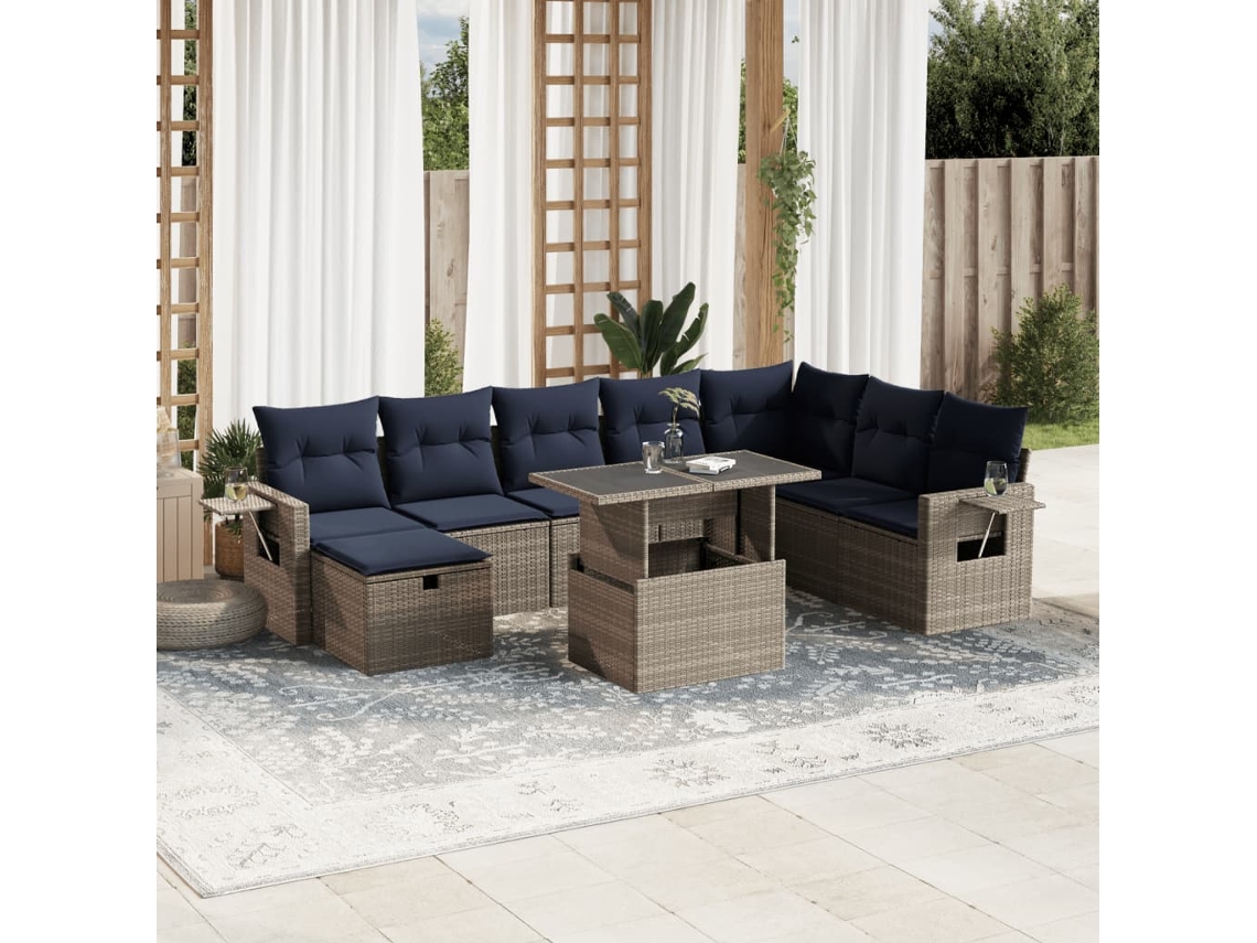 Vidaxl Conjunto De Sofá De Jardim De 9 Peças Com Almofadas Em Rattan Sintético Cinza