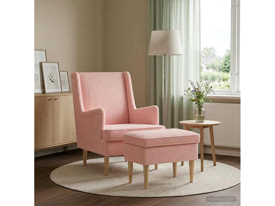 Vidaxl Poltrona Com Puff 2 Unid. Rosa Bouclé