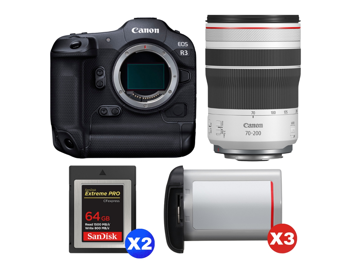 Eos R3 + Rf 70 200mm F/4 L Is Usm + 2 Sandisk 64gb Extreme Pro Cfexpress Type B + 3 Canon Lp e19 + Ebook “20 Dicas para Fotos Que Impressionam” CANON