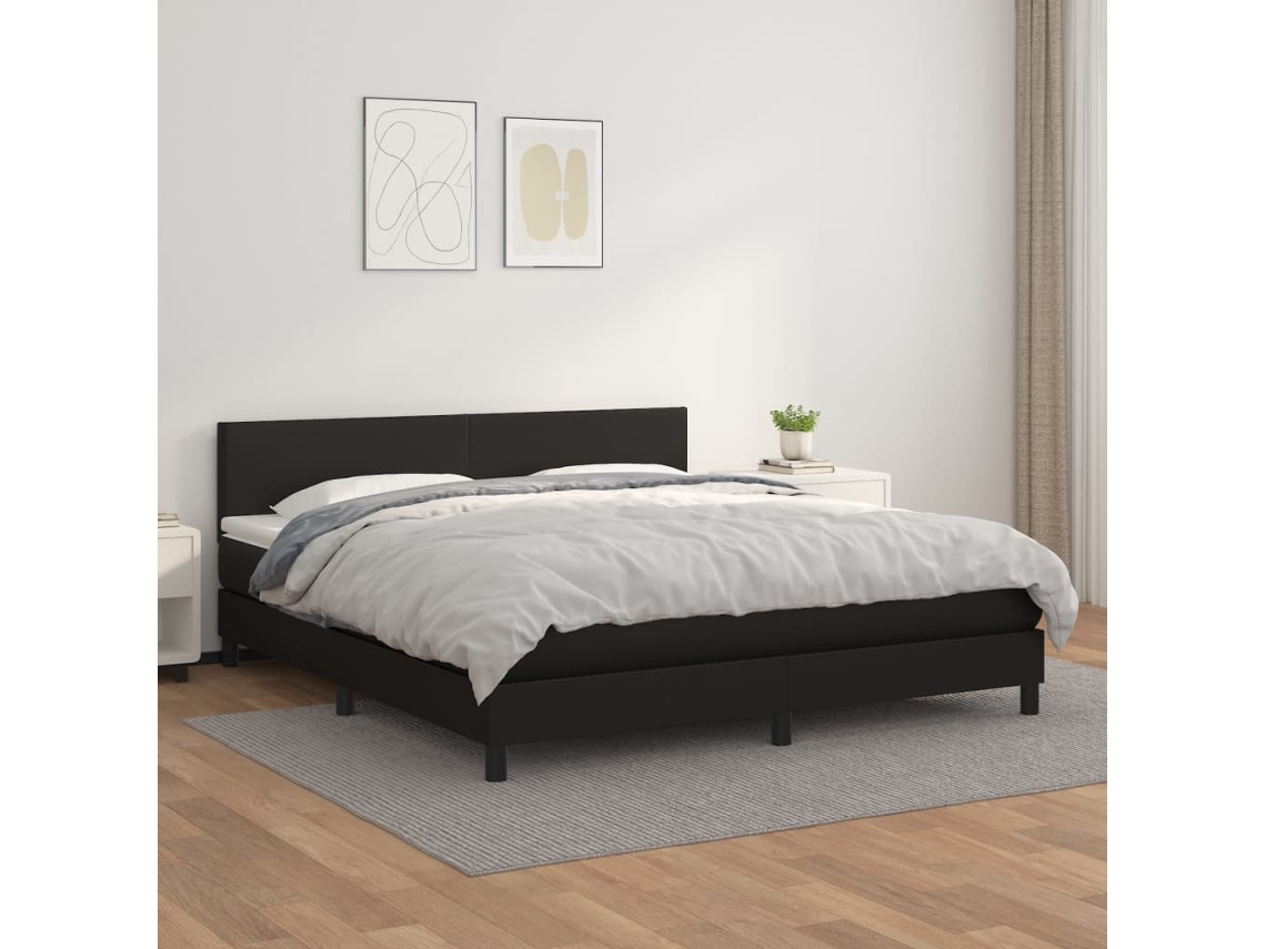 Cama Com Molas/colchão 160x200 Cm Couro Artificial Preto