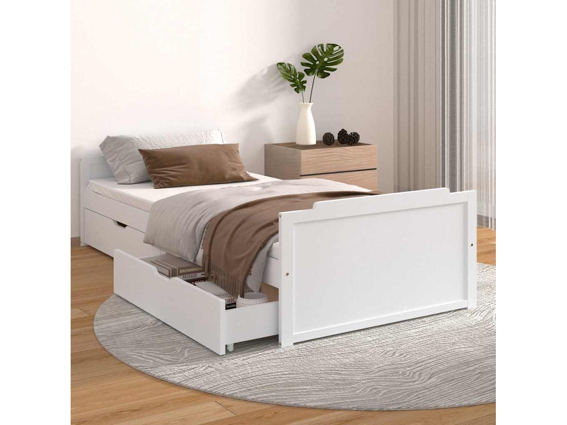 Vidaxl Estrutura De Cama Com Gavetas 90x200 Cm Pinho Maciço Branco
