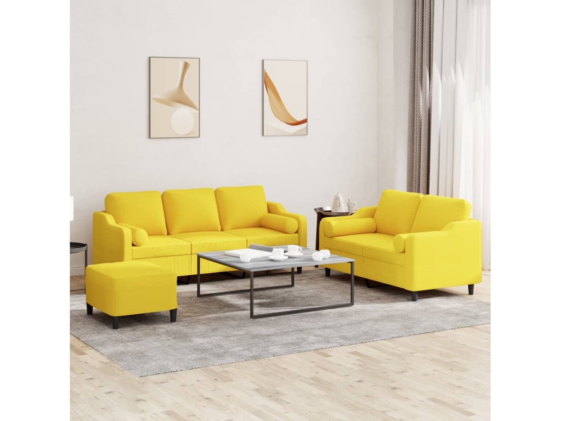 Vidaxl 3 Pcs Conjunto De Sofás Com Almofadas Tecido Amarelo-claro