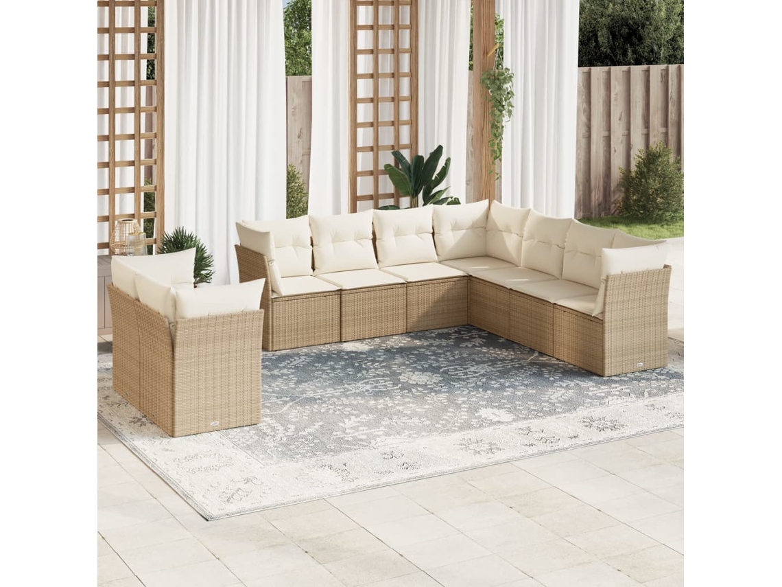 Vidaxl 9 Pcs Conjunto De Sofás P/ Jardim Com Almofadões Vime Pe Bege