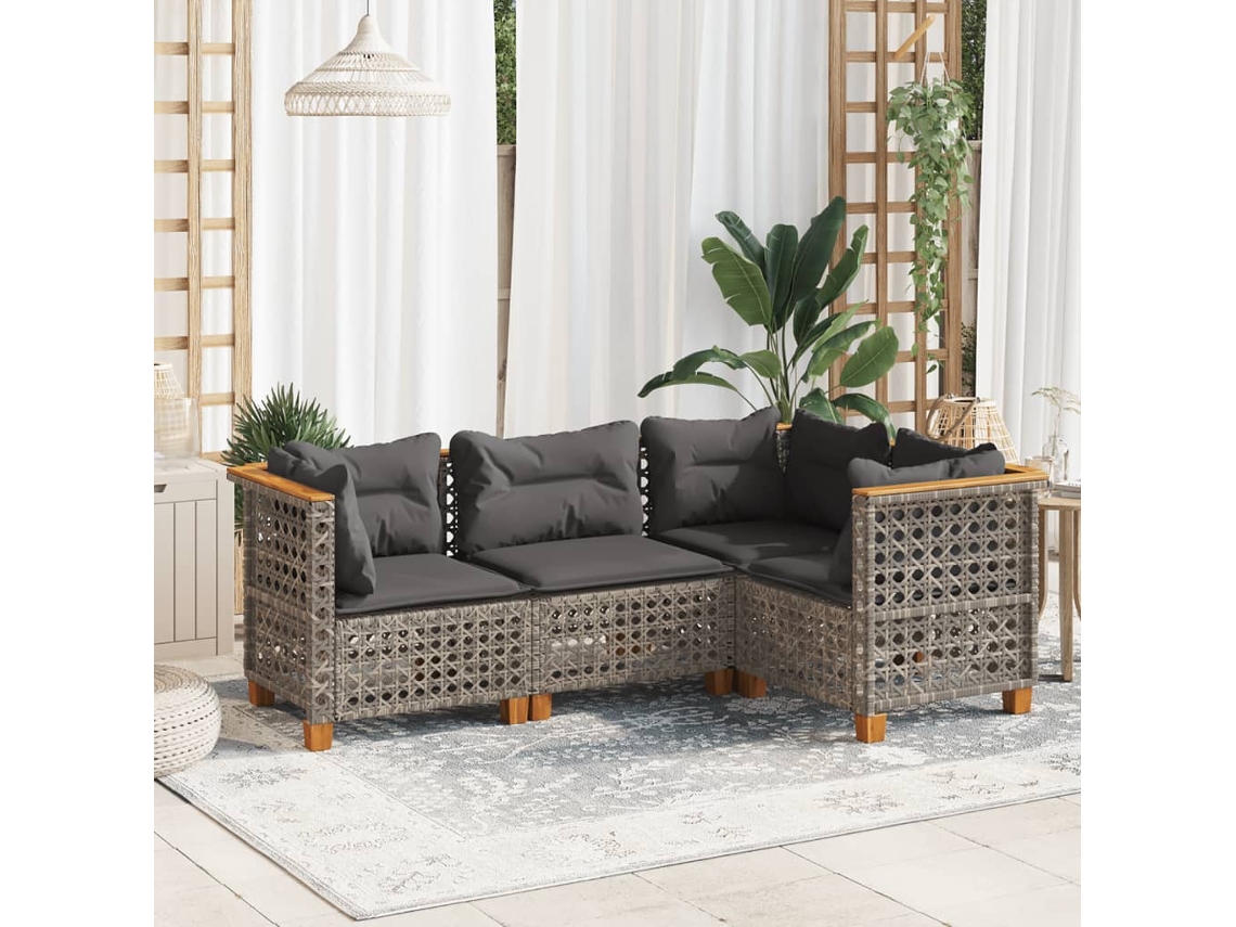 Vidaxl 4 Pcs Conjunto Sofás De Jardim C/ Almofadões Vime Pe Cinzento