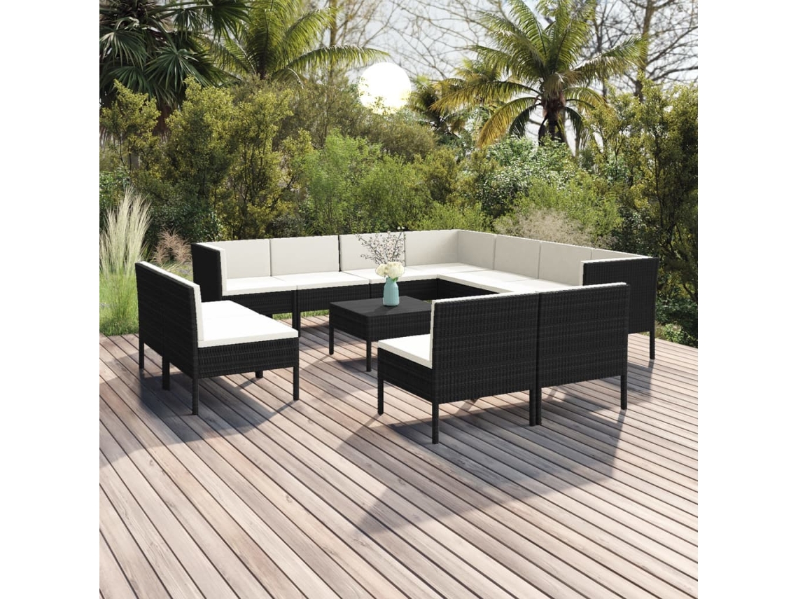 12 Pcs Conjunto Lounge De Jardim C/ Almofadões Vime Pe Preto Dkd Home Decor