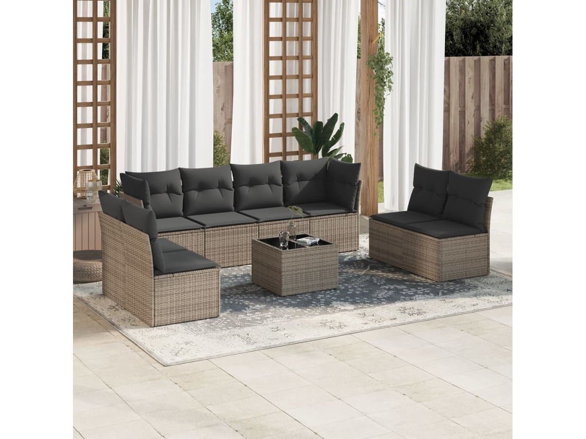 Vidaxl 9 Pcs Conjunto Sofás P/ Jardim com Almofadões Vime Pe Cinzento