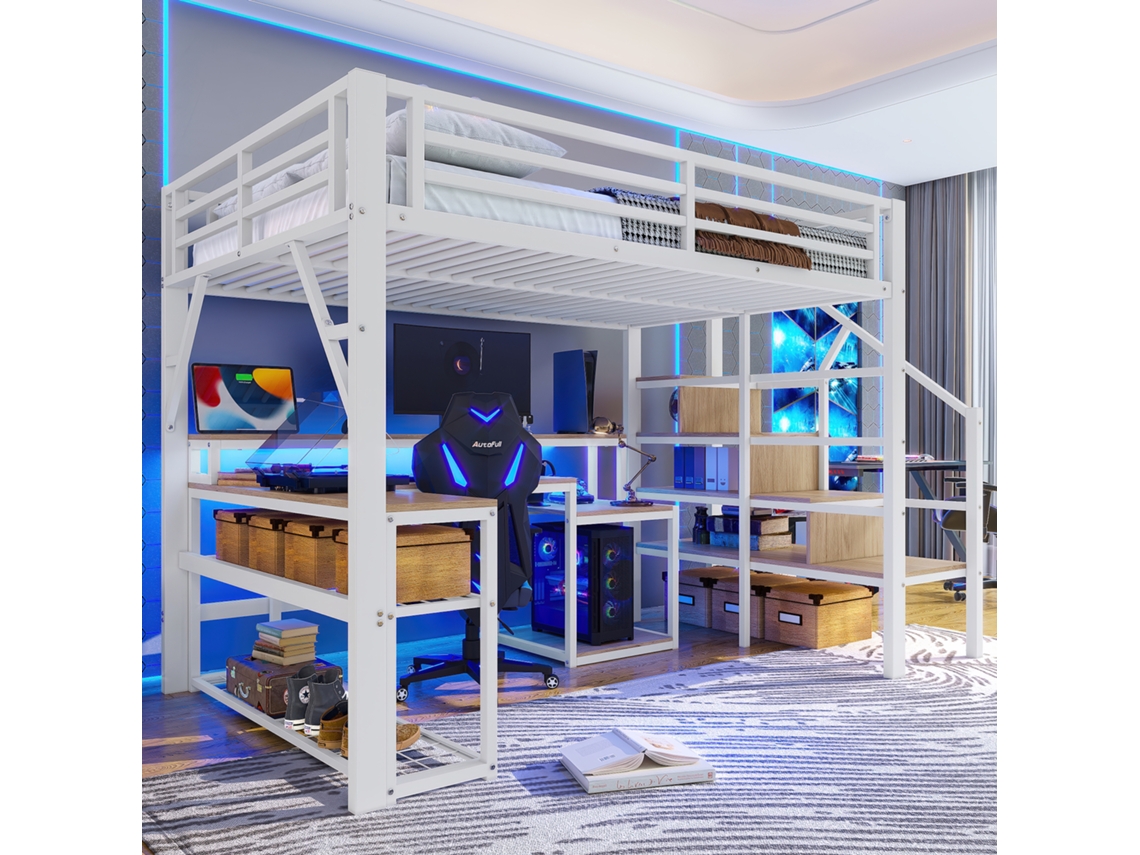 Cama De Colchão 140x200cm Estante De Ferro Branco Led Mesa Usb Armazenamento