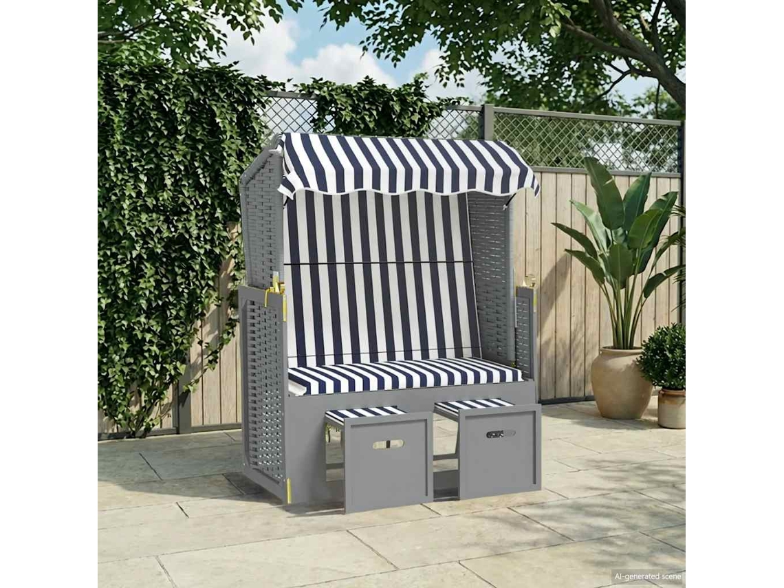 Vidaxl Strandkorb Com Toldo Vime Pe E Madeira Maciça Azul E Branco