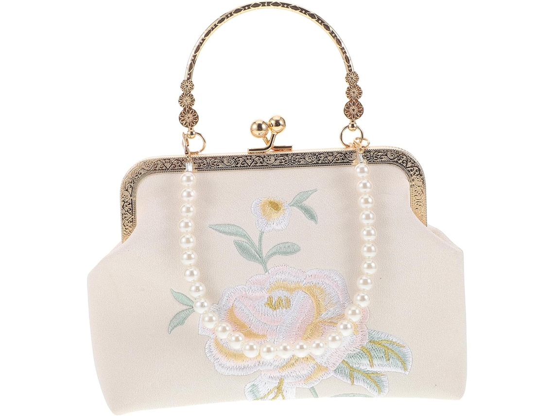 Bolsa De Mão Feminina Elegante Em Estilo Chinês Para Casamento, Com Corrente De Pérolas Em Poliéster.