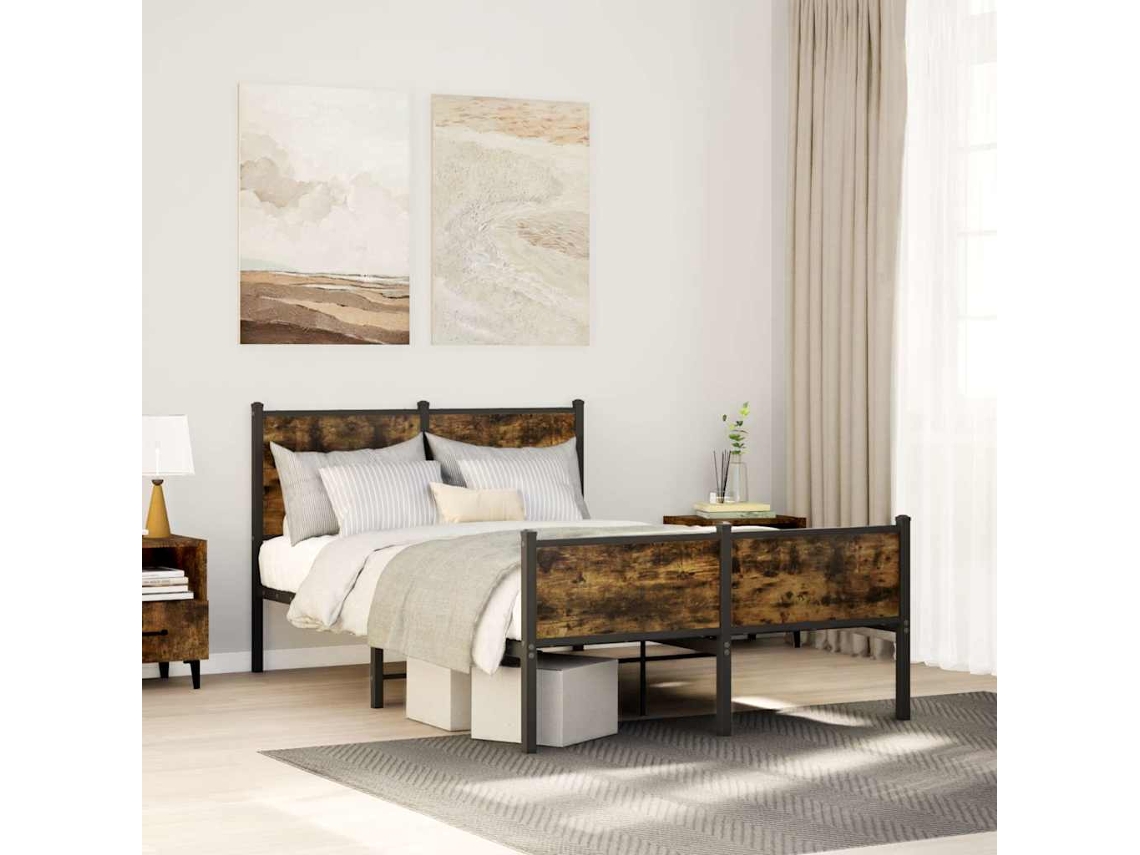 Vidaxl Estrutura De Cama Sem Colchão 120x200 Cm Metal Carvalho Fumado