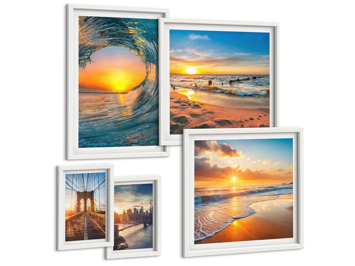 Um Conjunto De Imagens Decorativas Em Uma Moldura Pontes, Pôr Do Sol, Cidade Moldura Branca Fotos Para O Escritório Espelharte (conjunto De 5 Imagens)