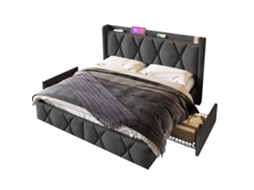 Cama de Casal Estofada 140x200cm com carregador Usb, cabeceira, 4 gavetas e base de ripas de madeira cinza, inclui colchão PAPRIKA