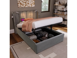 Cama de Solteiro VSOGA 90x200 cm com Arrumação, Usb, Cabeceira, Gavetas, Madeira, Bege