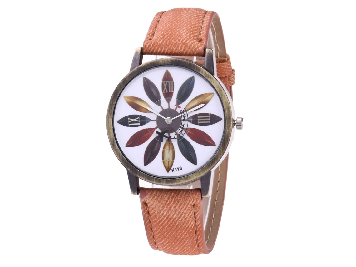 Relógio de pulso unissex Zhoulianfa Coffee com mecanismo de quartzo, pulseira de jeans e estampa de folhas multicoloridas.