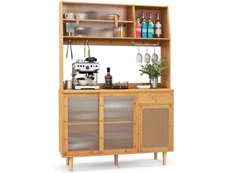 Aparador de Bambu para Sala de Estar Armário de Cozinha Wine Bar com Vidro Temperado e Porta Deslizante de Vime Armário de Gancho e Gancho COSTWAY