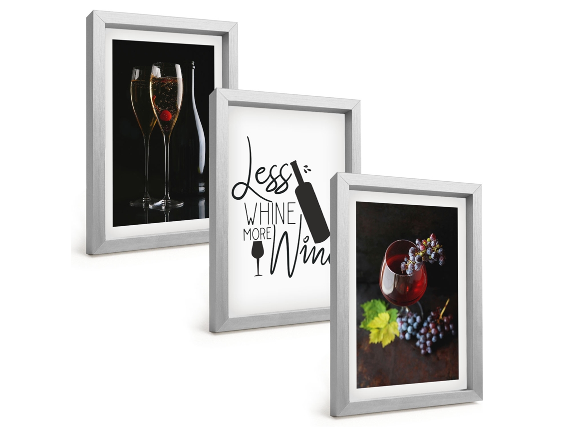 Composição De Quadros Taças De Vinho, Uvas, Slogan Espelharte (3 Peças 20x30 Cm)