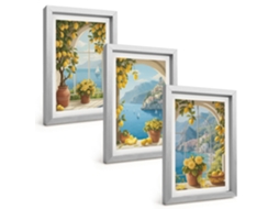 Quadros Decorativos Para Paredepaisagens Marítimas, Limões E Janelas Moldura Prateada Quadros Para O Escritório Espelharte (3 Peças 20x30 Cm)