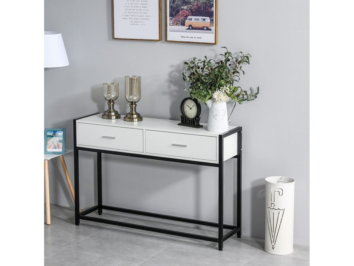 Consola Mesa De Entrada 120x34x81cm Com 2 Gavetas E Pés Ajustáveis Móvel De De Estilo Moderno Para Corredor Branco E Preto
