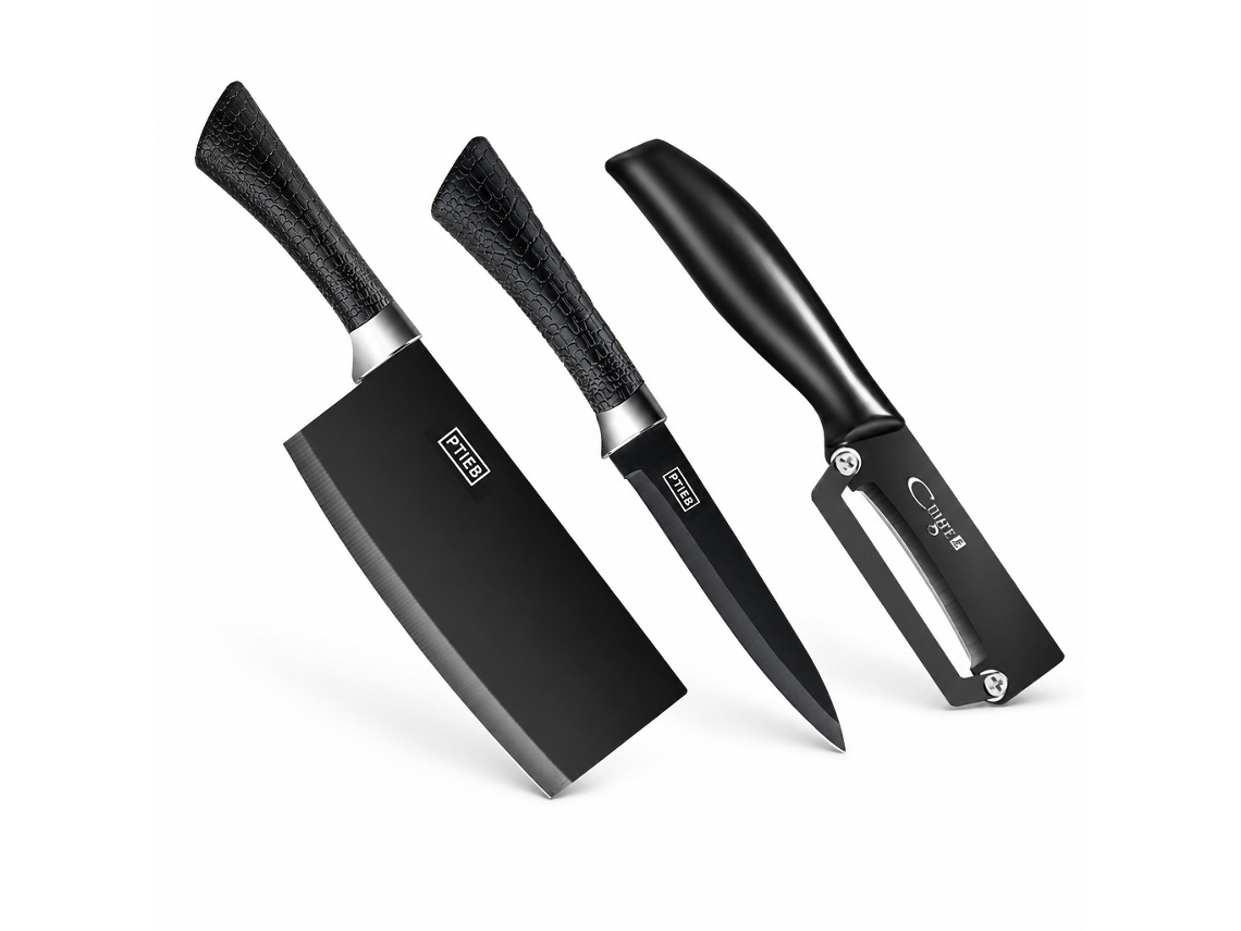 Conjunto De 3 Utensílios De Cozinha Pretos Revestidos A Titânio: Descascador, Faca De Fruta E Cutelo