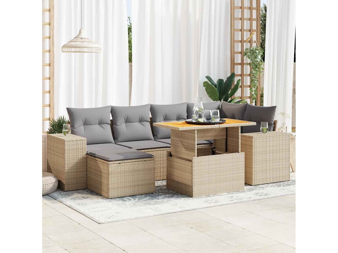 Vidaxl 7 Pcs Conjunto De Sofás P/ Jardim Com Almofadões Vime Pe Bege