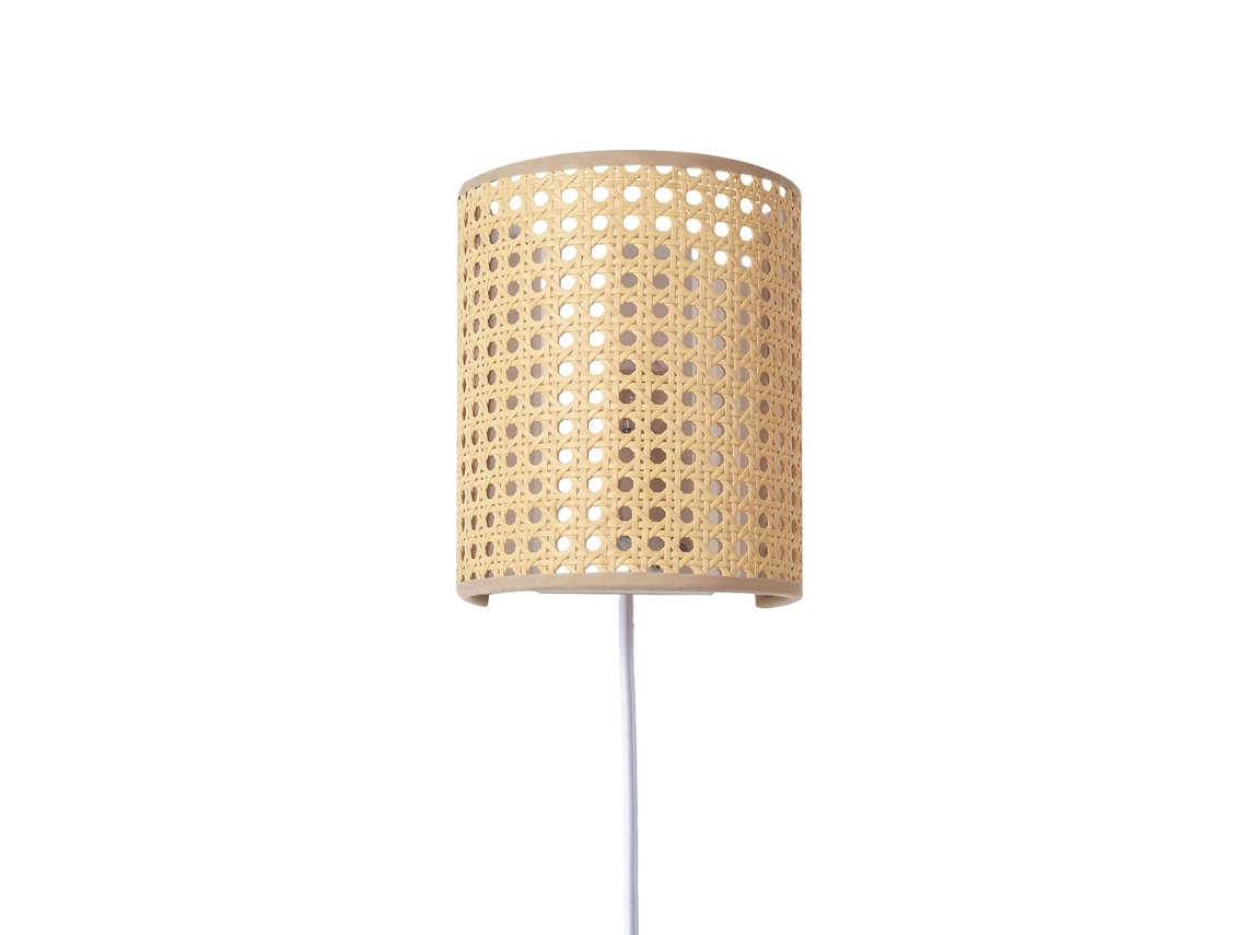 Aplique De Parede Suki Com Abajur Em Rotim Bege, Cabo Com Ficha E Interruptor, Candeeiro Boho Natural E27