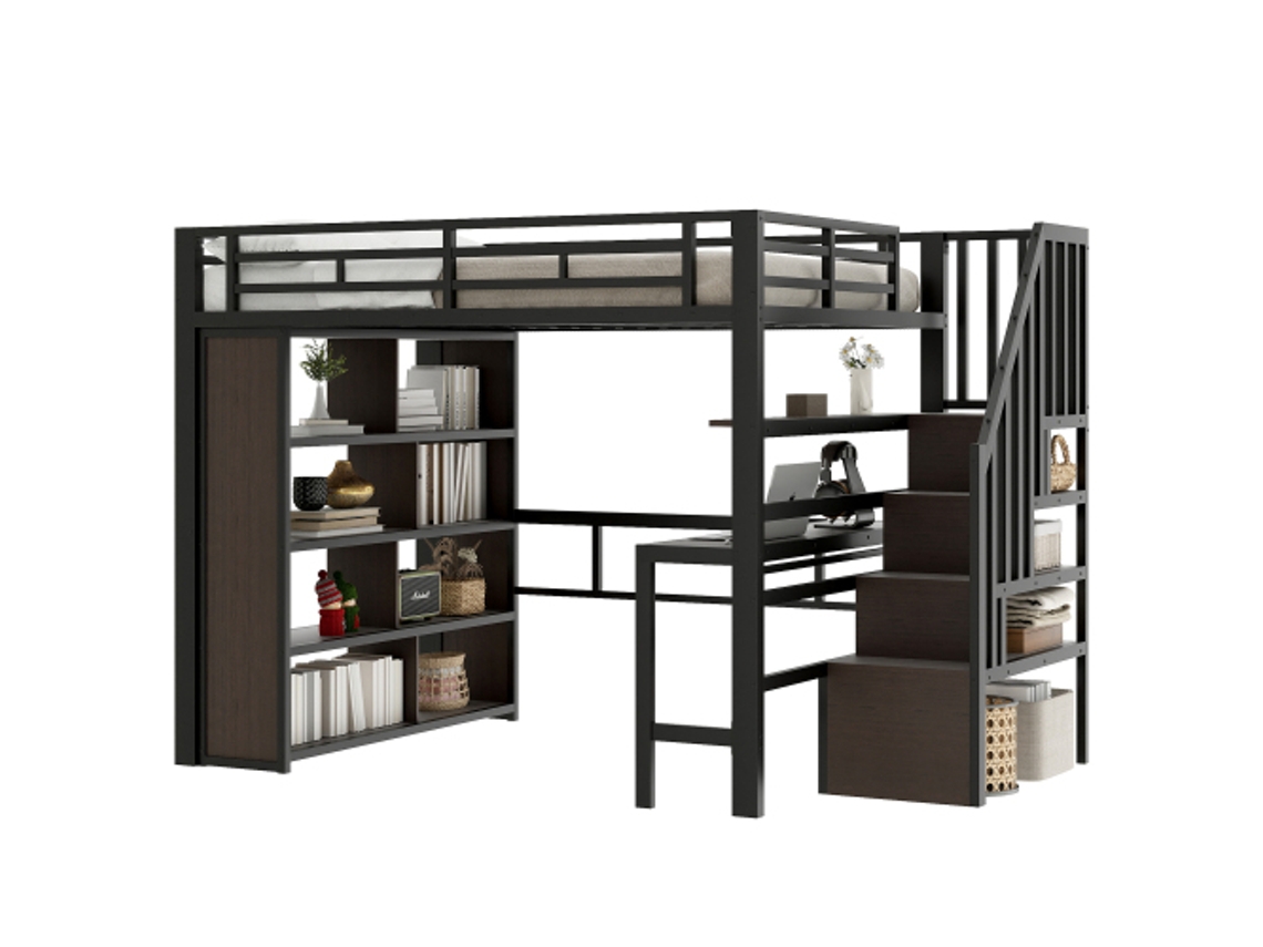 Cama Alta, 140 X 200 Cm, Estrutura De Ferro, De Armazenamento, Faixa De Luz Led, Escada Com Espaço Para Guardar Objetos, Sem Colchão