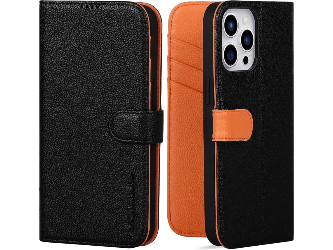 Estojo De Pele Para Iphone 15 Pro, Preto, Textura De Lichia, Fecho Lateral, Estilo Carteira, Capa Flip