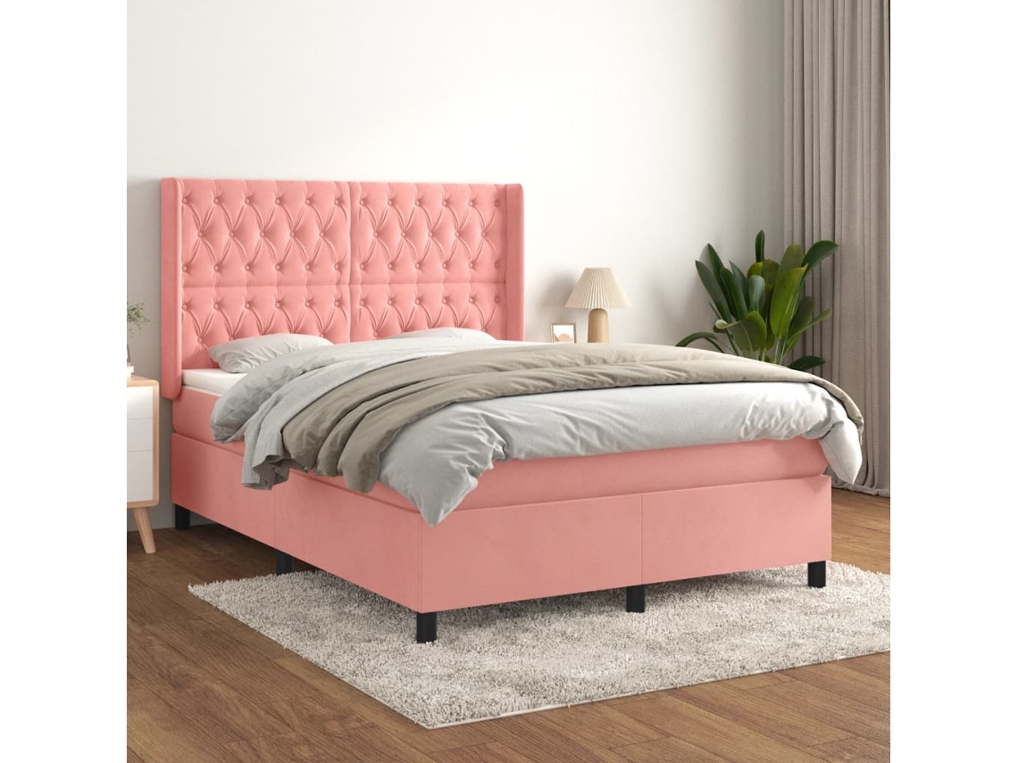 Vidaxl Cama Com Molas/colchão 140x190 Cm Veludo Rosa