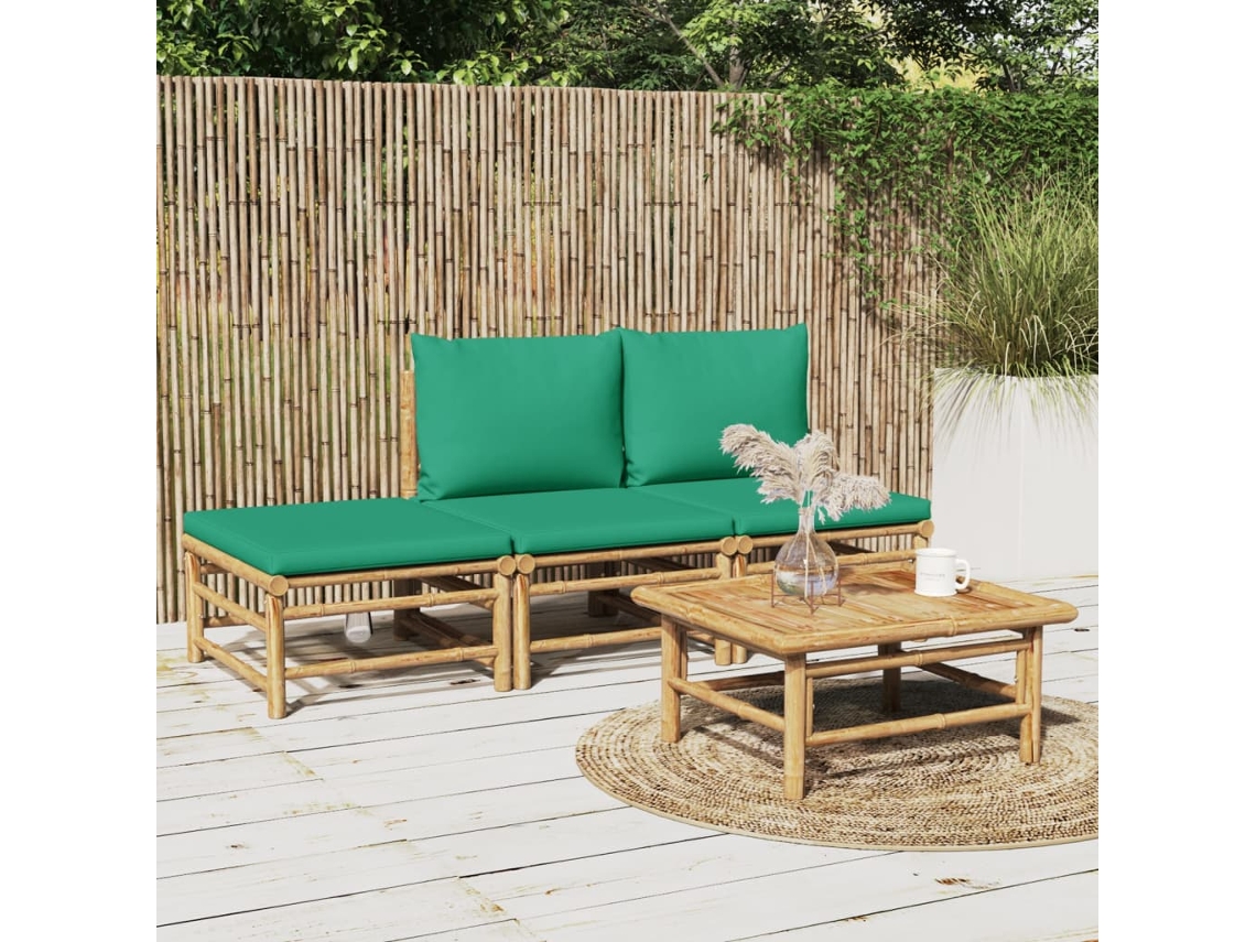 Vidaxl 4 Pcs Conjunto Lounge De Jardim Bambu C/ Almofadões Verdes