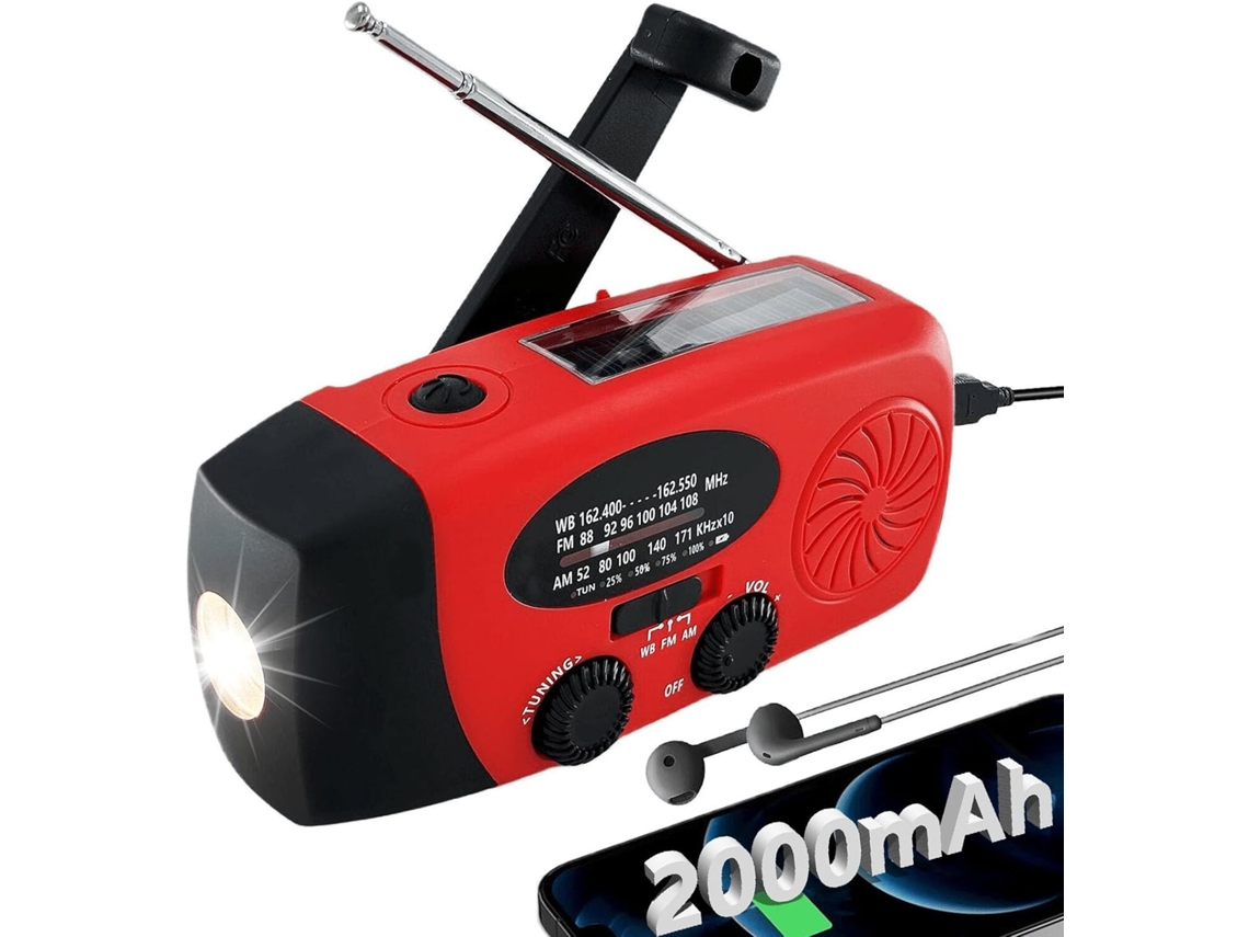 Rádio de Emergência com Células Solares e 2000mah, Portátil com Manivela para Uso Externo com Fm/am, Lanterna Led, Vermelha AQUAFORGE