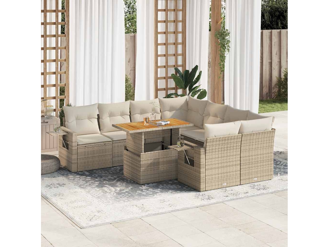 Vidaxl 9 Pcs Conjunto De Sofás P/ Jardim Com Almofadões Vime Pe Bege