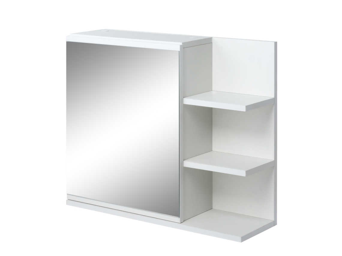 Armário com Espelho para Banheiro com 3 Prateleiras Abertas e 1 Prateleira Interna, Estilo Moderno, 60x18x50 Cm, Branco