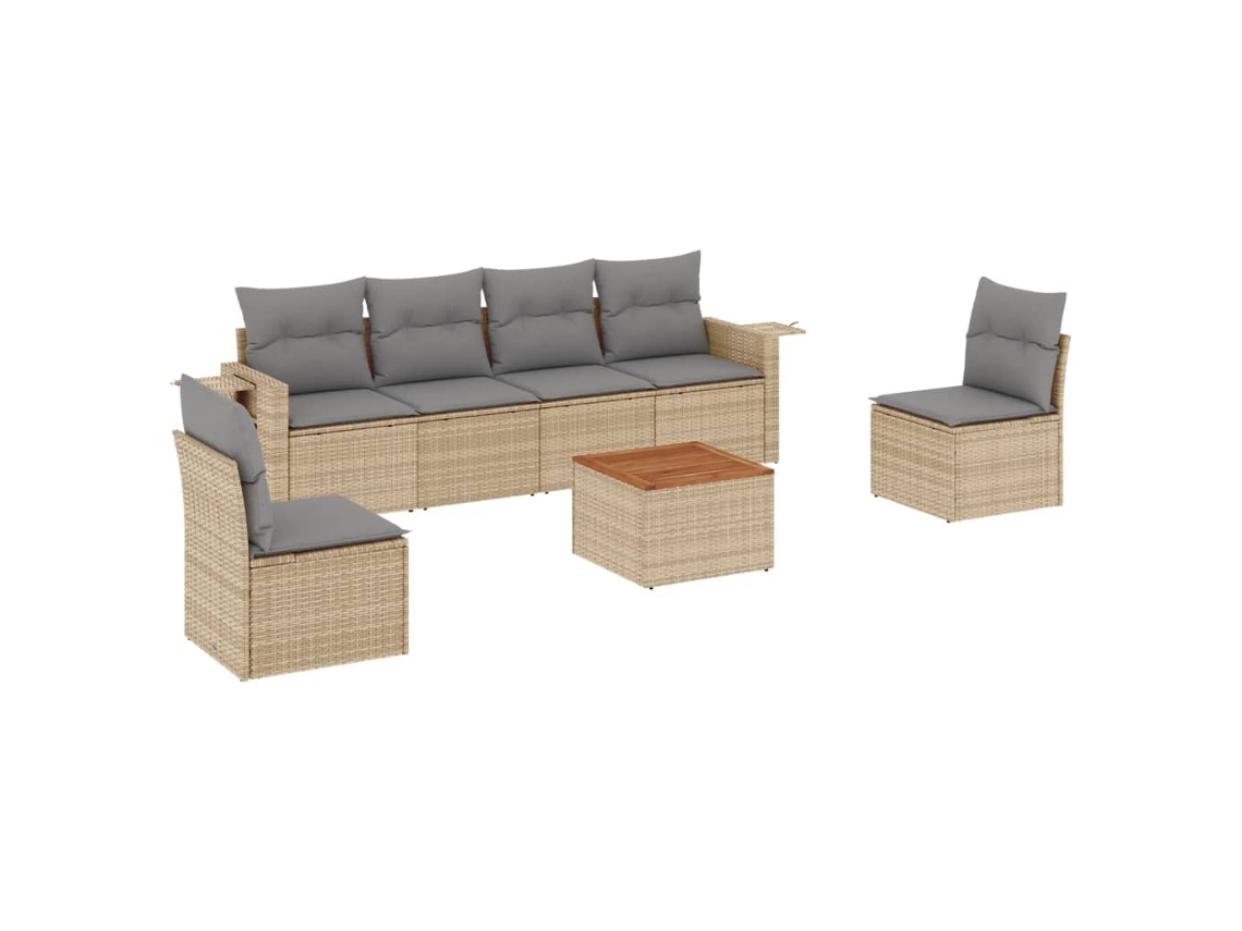 Conjunto de 7 sofás de jardim com almofadões Vime Pe Bege Misturado MAISON EXCLUSIVE