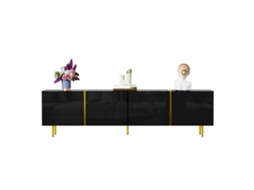 Armário De Tv Preto Brilhante, 4 Portas, Moderno E Simples, Combinação Preto E Dourado.