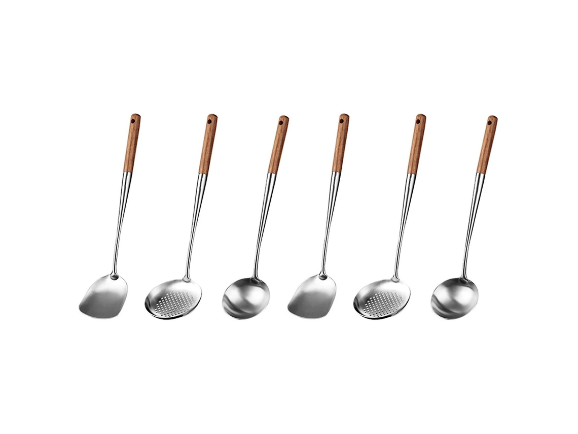 Rebe conjunto de Ferramentas para Wok, Espátula e Colher de 44cm, Aço Inoxidável 304 com Cabo de Madeira, Anti calor e Seguro