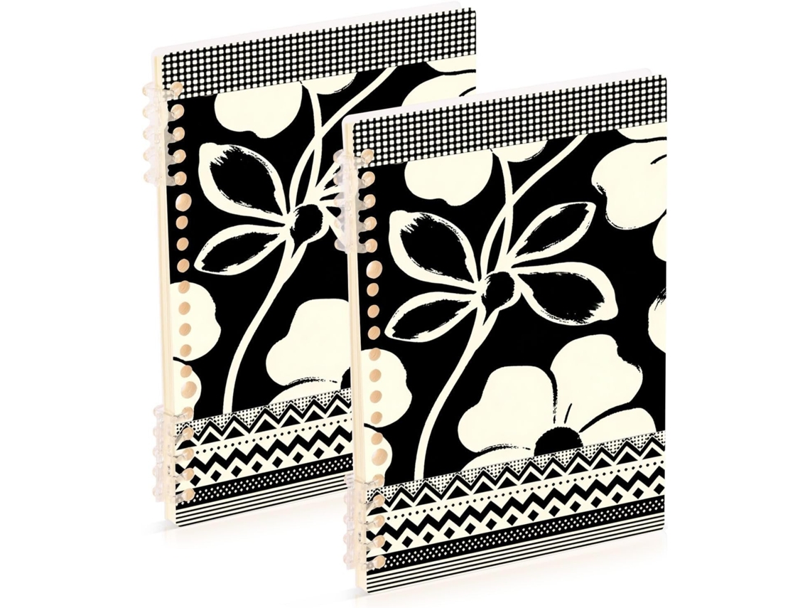 Conjunto de 2 Cadernos Espiral A5 Preto e Branco Estampa Floral Abstrata 21,1 X 14,5 Cm Formato Grande 60 Fo