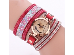 Relógio de Pulso Feminino de Quartzo com Camurça Multicamada e Strass Vermelho