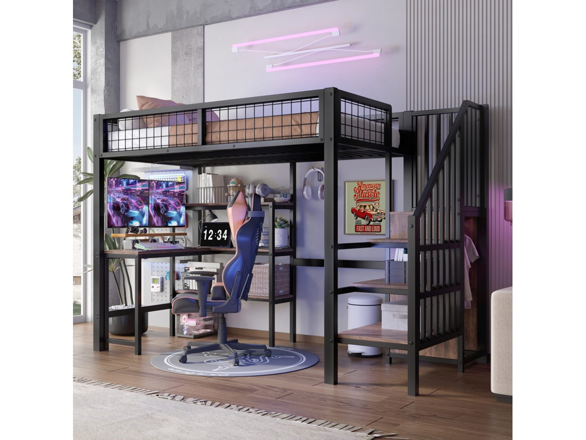 Cama Alta Metal 90x200 Com Roupeiro E Prateleiras Pretas