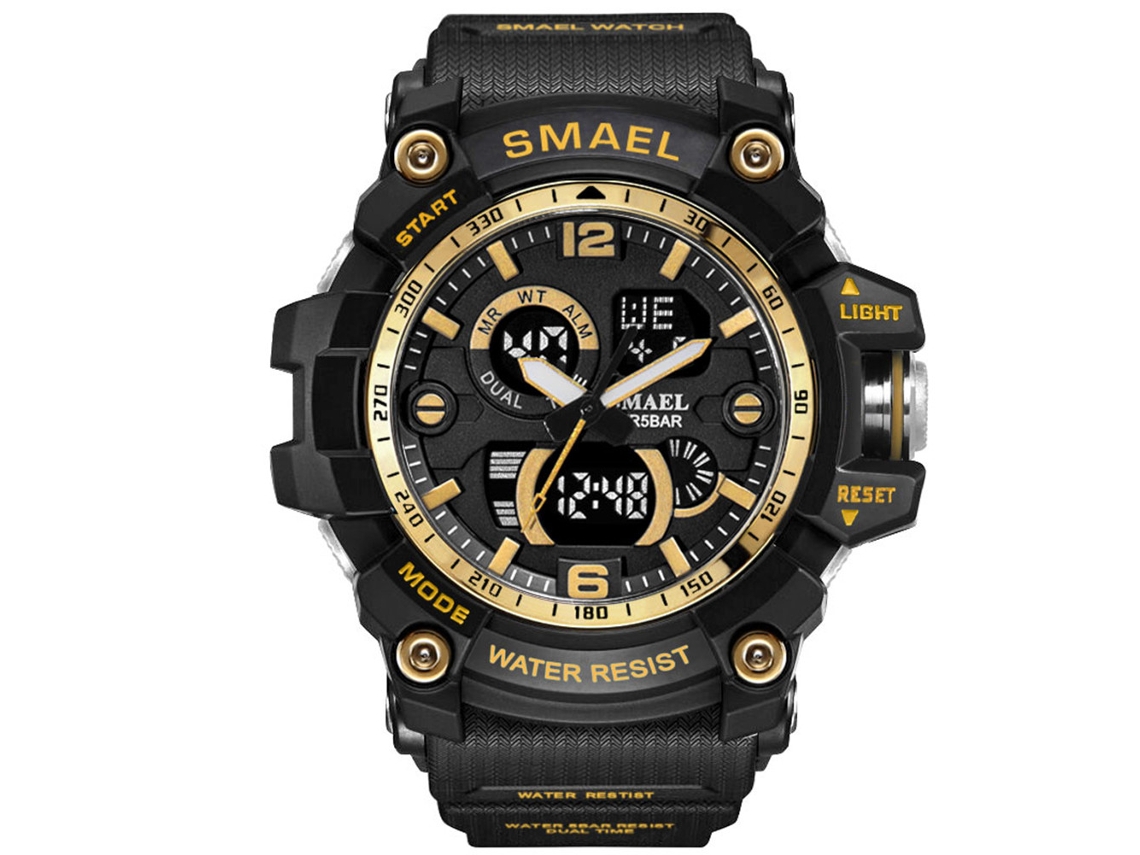 Relógio de pulso de quartzo com pulseira de resina à prova d'água, modelo casual moderno (preto e dourado)