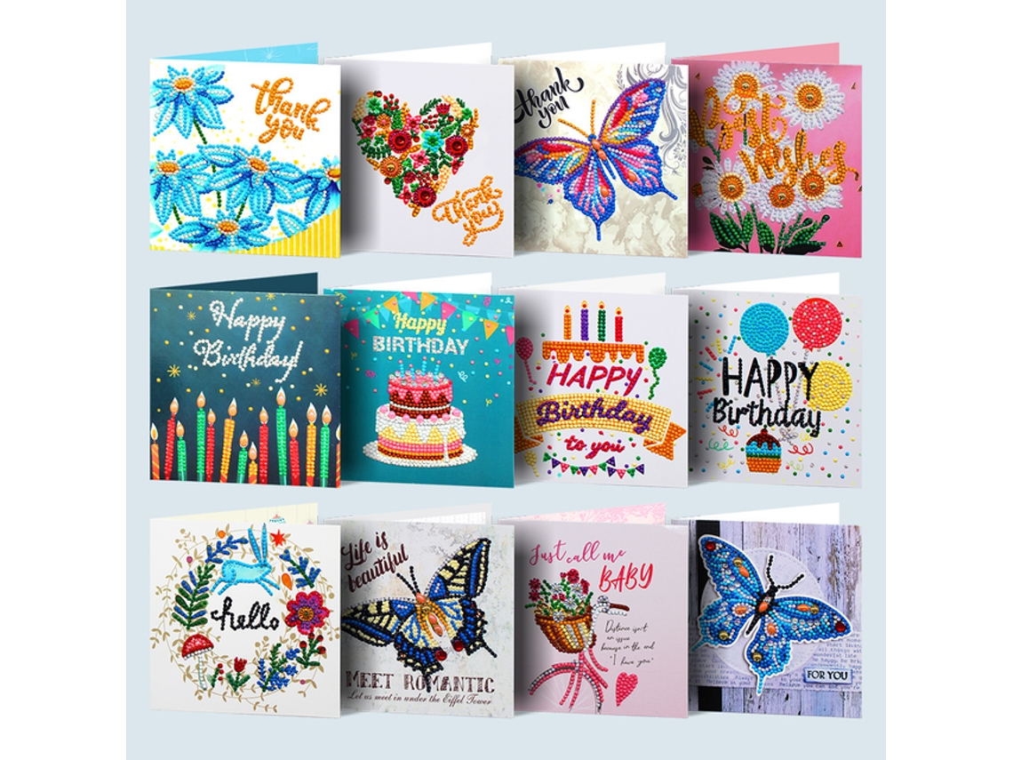 Conjunto de 12 cartões de aniversário, pintura com diamantes, acrílico, 15x15 cm