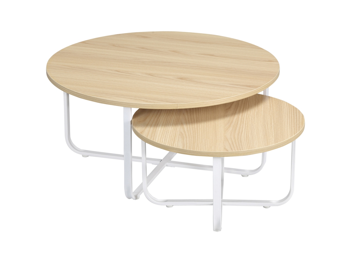 Conjunto De 2 Mesas De Centro De65x32 Cm E45x26 Cm Com Tampo De Madeira E Pernas De Metal Natural E Branco