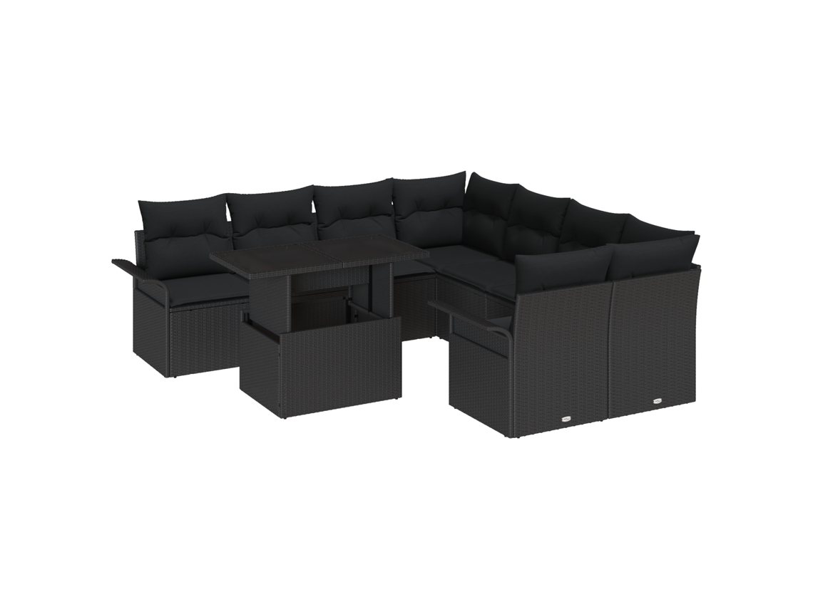 Conjunto 9 De Sofá De Jardim  Com Almofadas Vidaxl Preto Rattan Poliéster