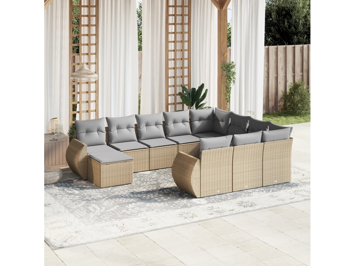 Vidaxl 11 Pcs Conjunto Sofás De Jardim C/ Almofadões Vime Pe Bege