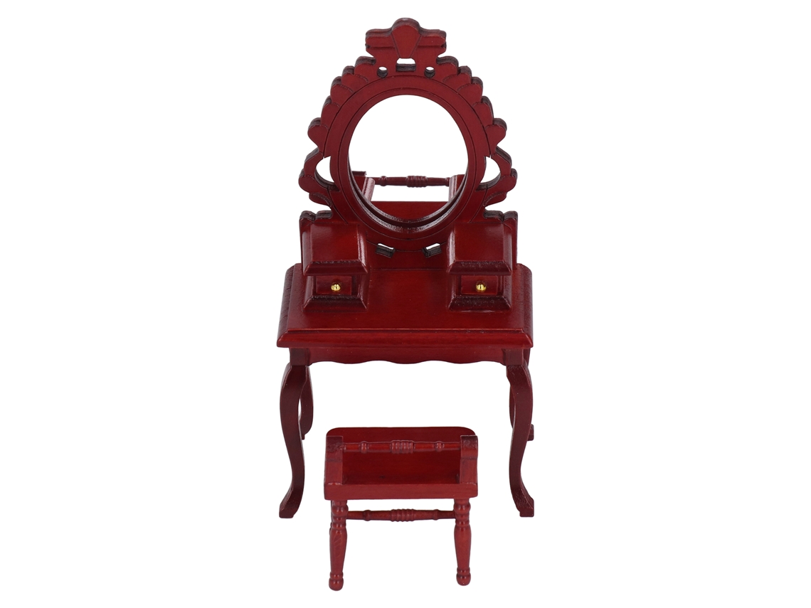 Mali mesa de Maquiagem com Banco Miniatura 1:12 para Casinha de Bonecas Material Bétula Vermelha
