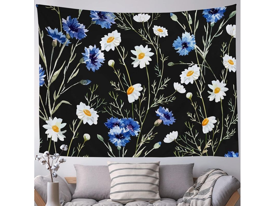 Tapestry Floral Negro Trippy, Manta Bohemia Hippie Psicodélica Com Margaritas Para Parede