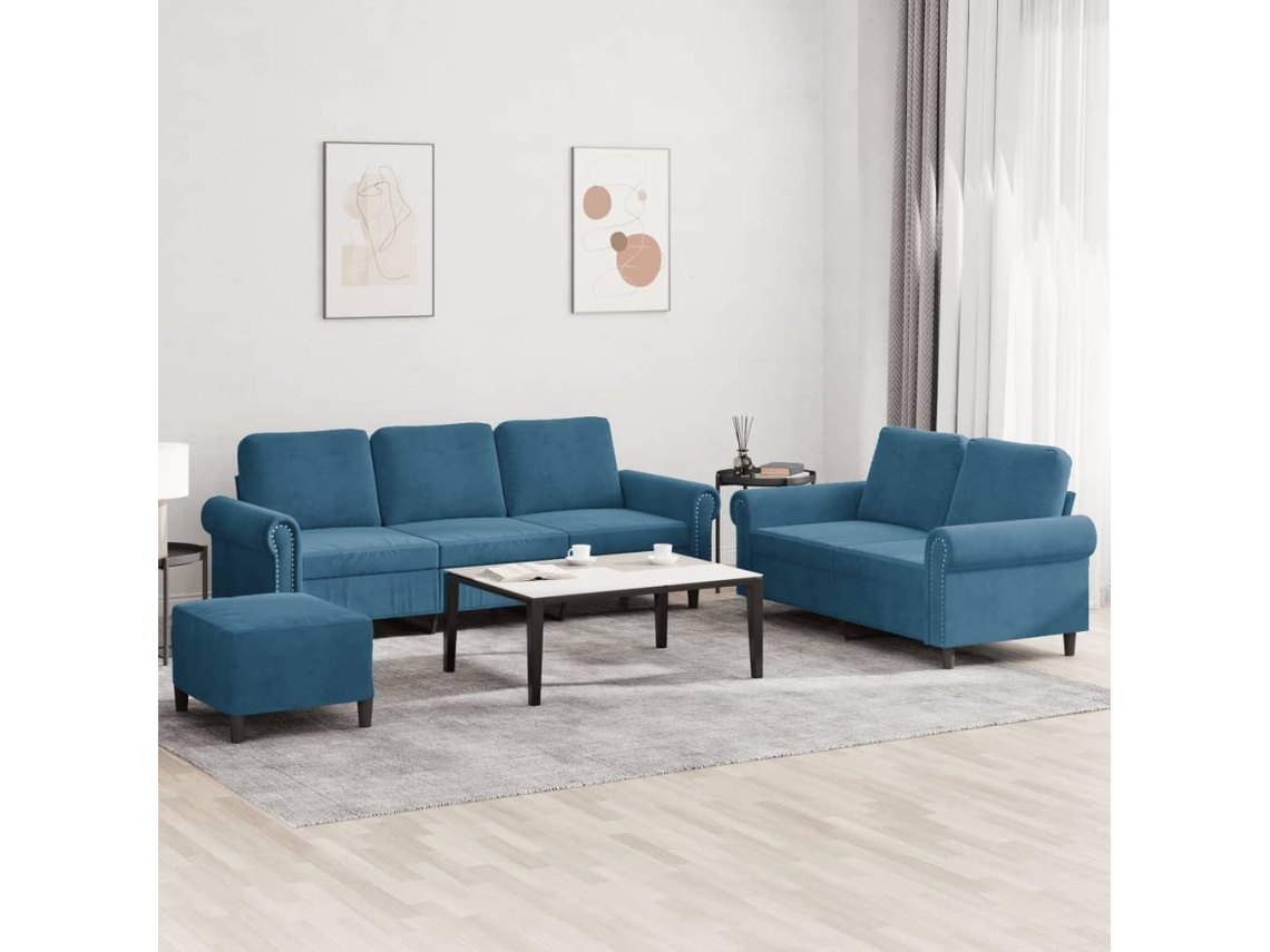 Vidaxl 3 Pcs Conjunto De Sofás Com Almofadões Veludo Azul
