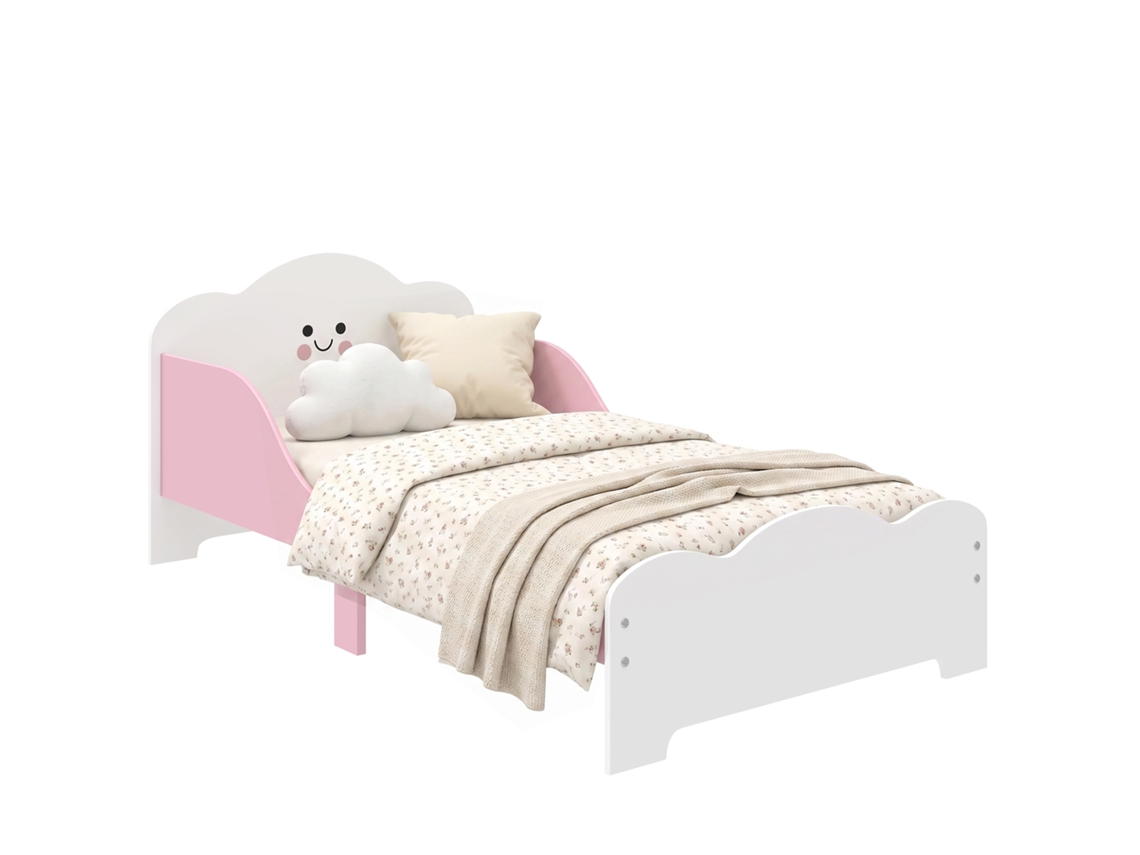 Cama Infantil 70x140 Cm Com Barreira De Segurança E Estrado De Madeira, Cor Rosa, Colchão Não Incluído.