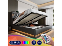 Cama De Casal 140x200 Cm Preto Pu Com Hidráulica Usb-c E Led 3 Lados
