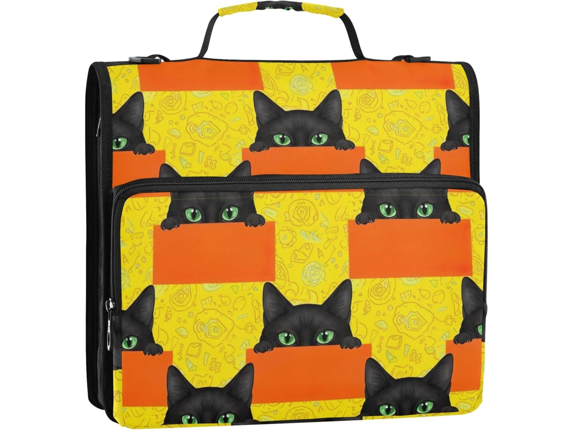 Pasta Organizadora Com Estampa De Gato Desenho Animado, Zíper Preto, Laranja E Amarelo, 3-argolas Em D De 3, 8cm Com