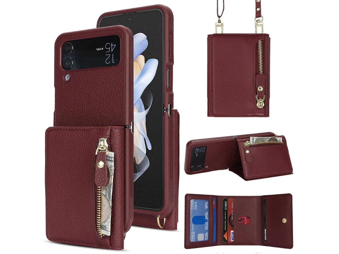 Capa Tkdaddy Para Samsung Galaxy Z Flip4 5g Com Suporte Para Cartão E Textura De Lichia, Capa De Telefone De Tpu Com Alça Longa, Vinho Tinto